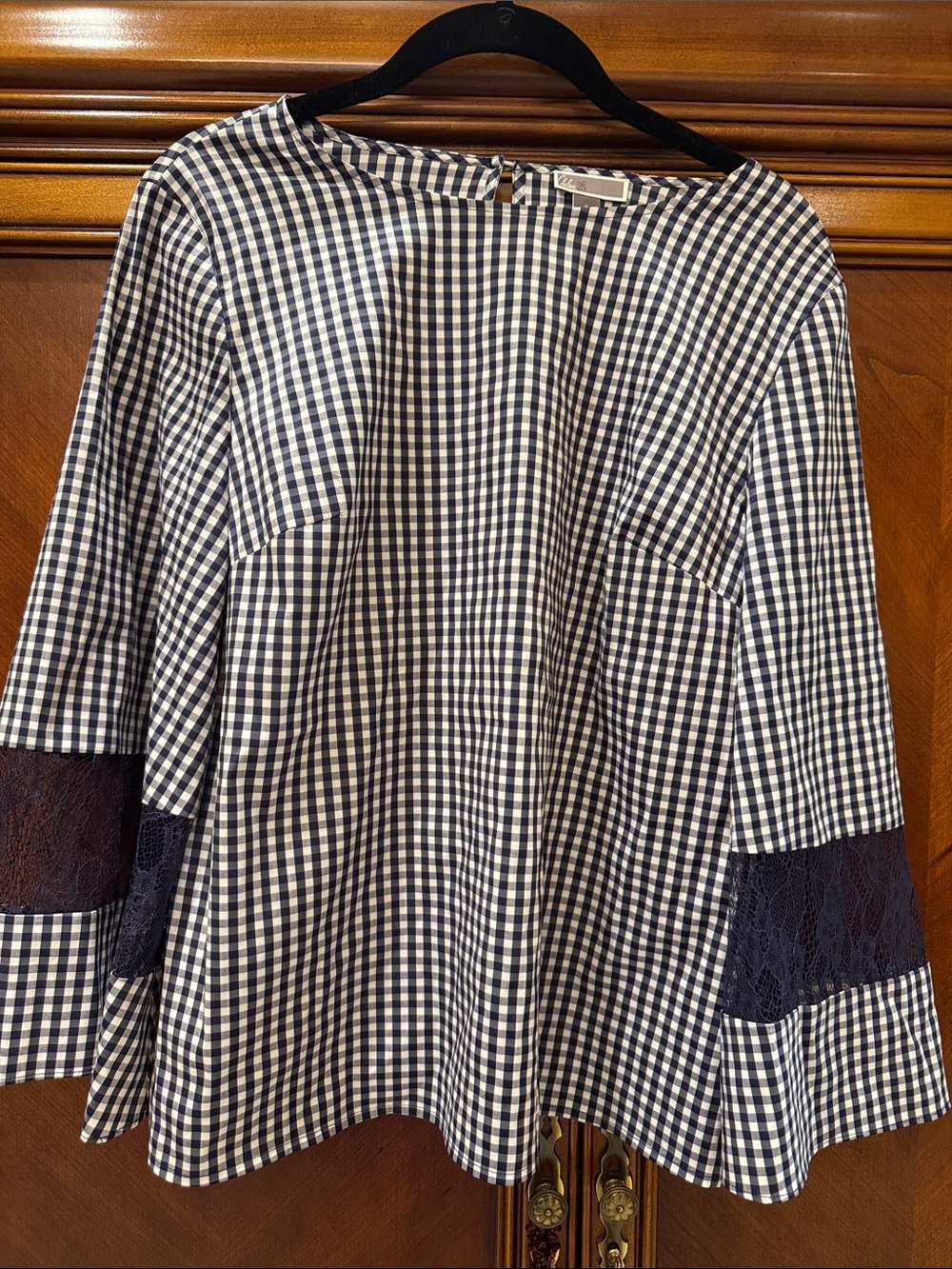 Chelsea28 Navy and White Gingham Lace-Accent Top